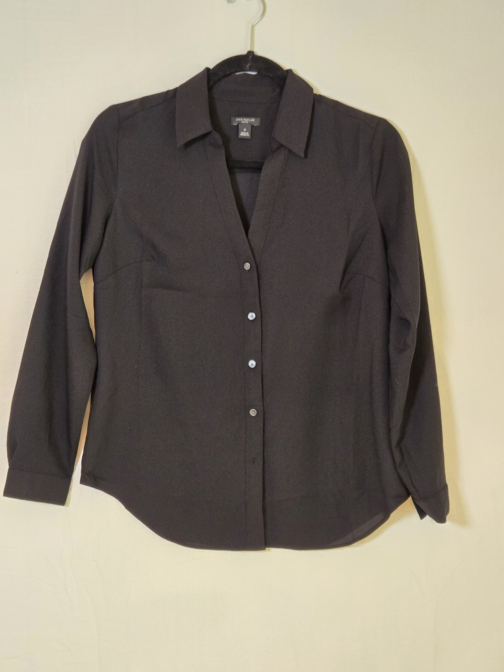 Ann Taylor Black Button-Front Collared Blouse Wardrobe Essential
